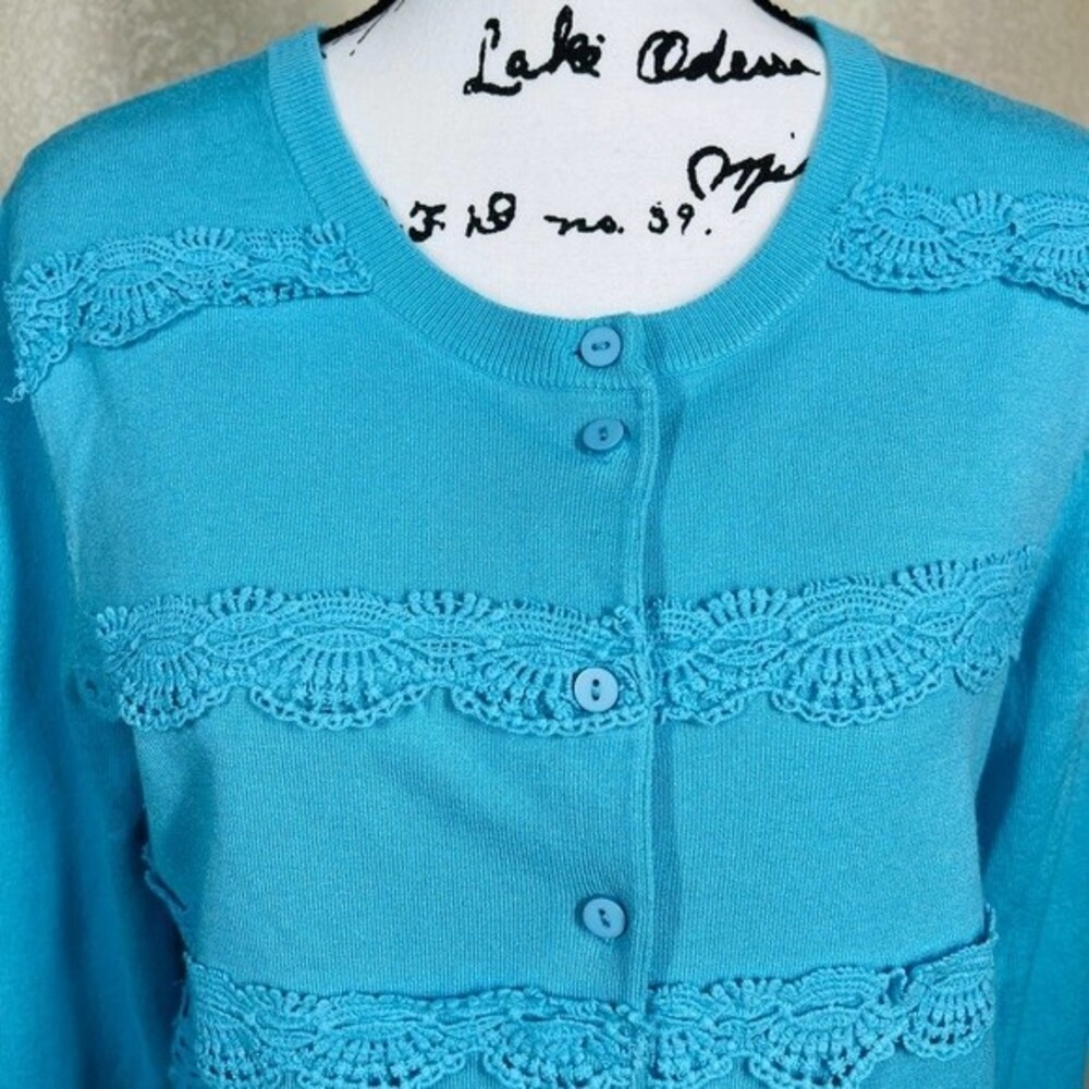Cable & Gauge Blue cardigan long sleeve with Crochet Lace size L granny core - Picture 12 of 14